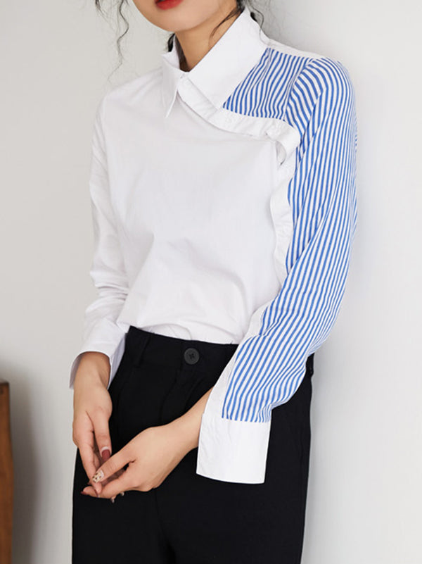 Long Sleeves Irregularity Striped Solid Contrast Color Lapel Collar Blouses