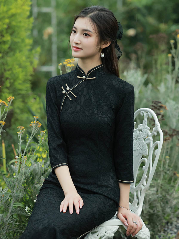 Vintage Split-Side Jacquard Long Cheongsam