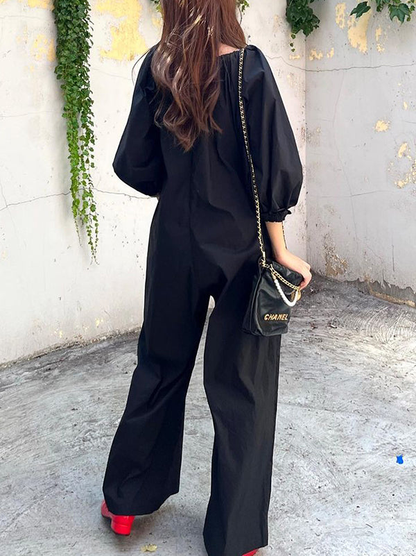 Elasticity Pleated Pockets Solid Color Long Sleeves Loose Round-neck Jumpsuits