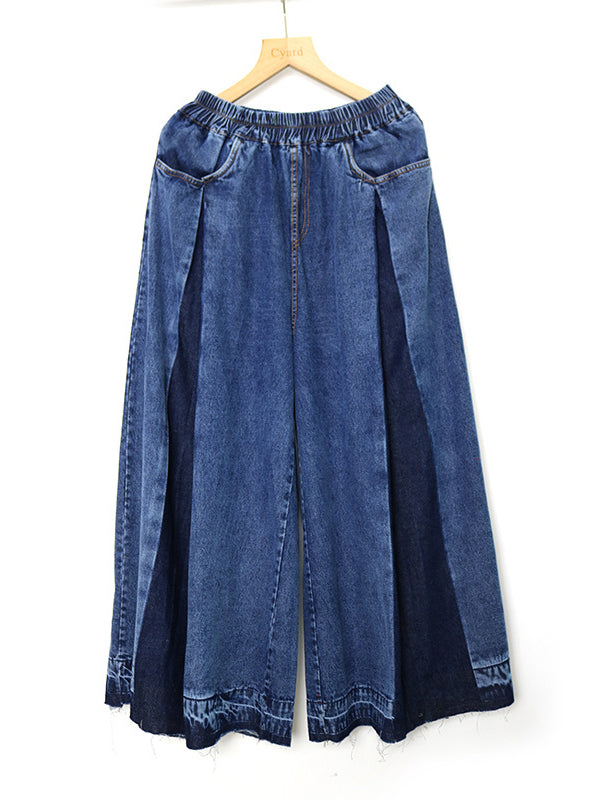 Elasticity Fringed Pleated Loose Wide Leg Jean Pants Bottoms
