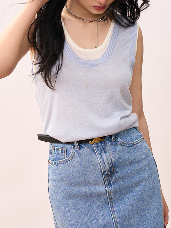 Contrast Color Split-Joint False Two Loose Round-neck Vest Top