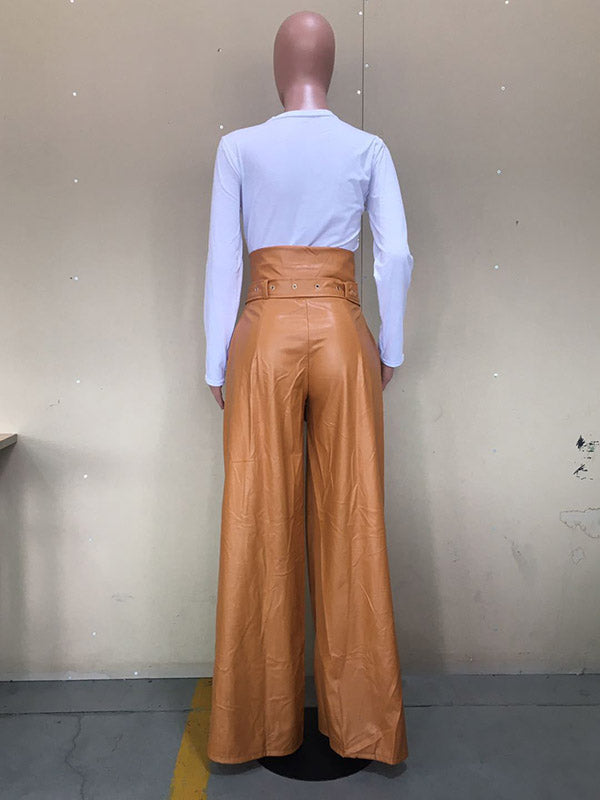 Belted Solid Color Zipper High Waisted Wide Leg Trousers Pants
