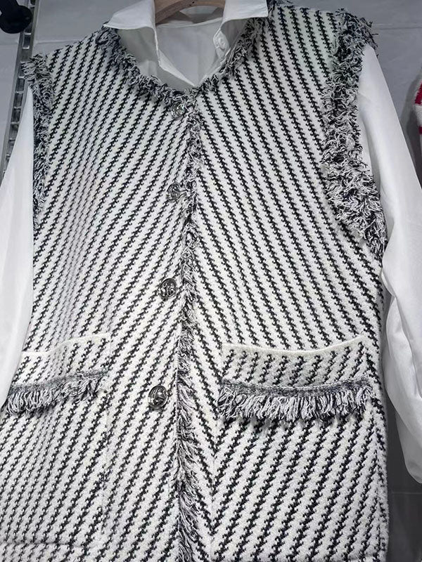 Buttoned Fringed Pockets Striped Loose Sleeveless V-Neck Vest Outerwear