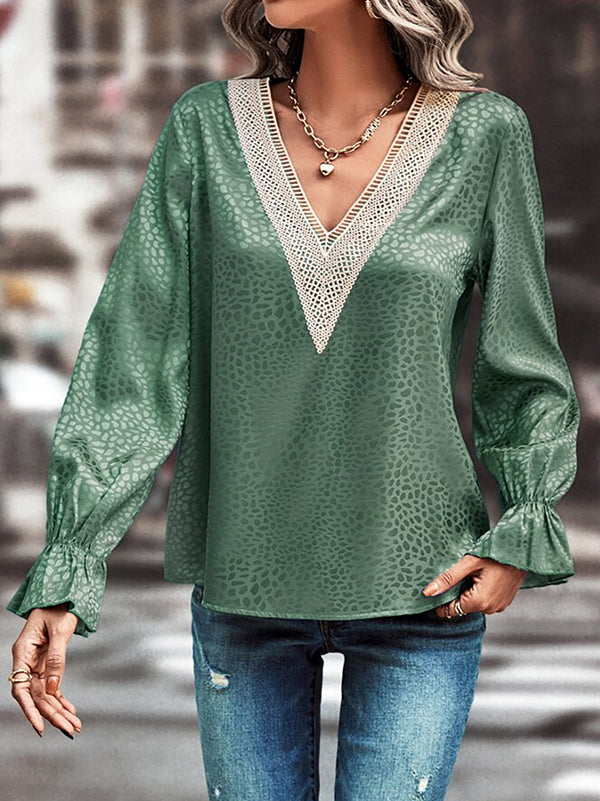 Elasticity Hollow Jacquard Leopard Split-Joint Long Sleeves Loose V-Neck Blouses&Shirts Tops