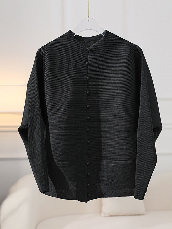 Buttoned Pleated Pockets Solid Color Long Sleeves Loose Round-Neck Outerwear