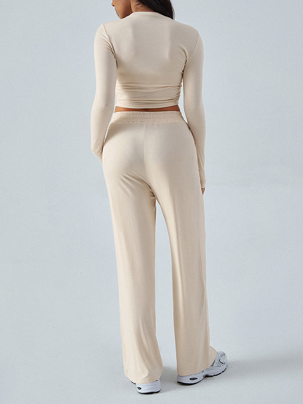 Round-Neck Long Sleeves Loose Solid Color T-shirt Top + Drawstring Elasticity Pockets Pants Bottom Two Pieces Set