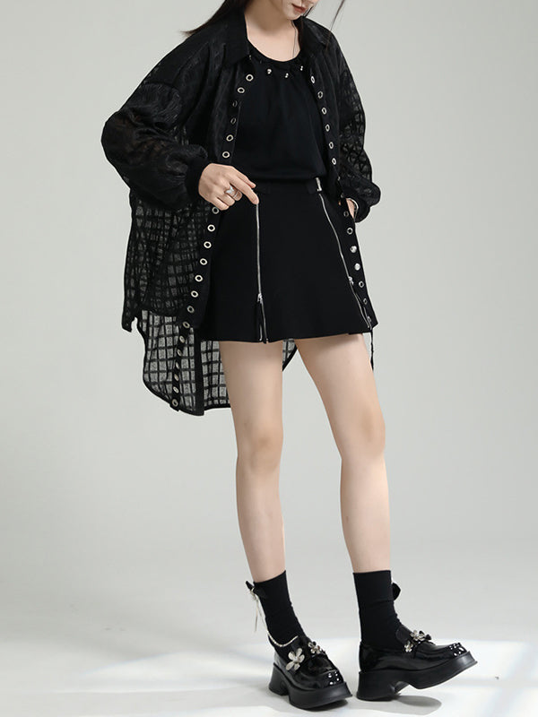 Gauze See-Through High-low Long Sleeves Round-neck Blouses&shirts Tops