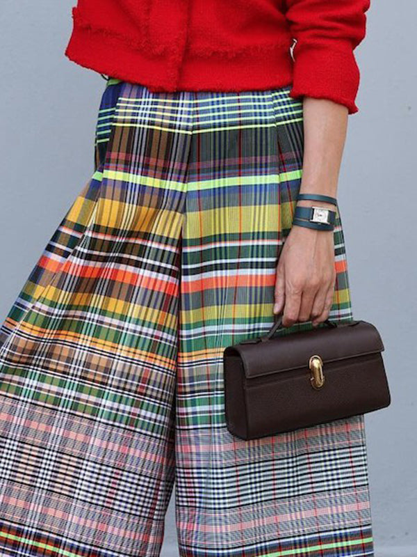 Contrast Color Rainbow Plaid Loose Wide Leg Trousers Casual Pants Bottoms