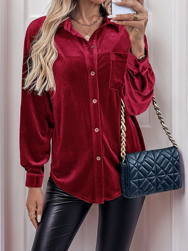 Buttoned Pockets Solid Color Split-Joint Velvet Long Sleeves Loose Lapel Blouses&Shirts Tops