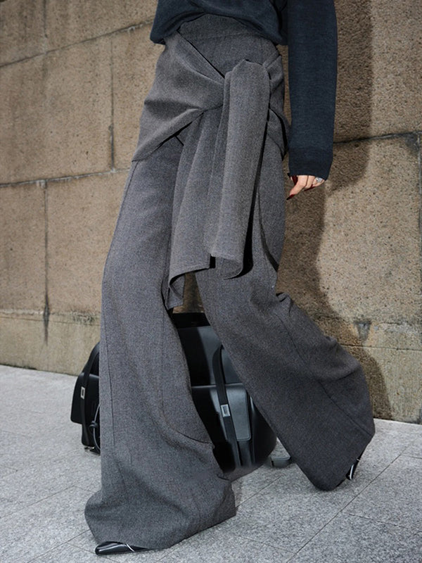 Solid Color Tied High Waisted Wide Leg Trousers Pants