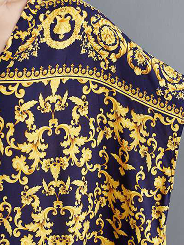 Printed A-Line Batwing Sleeves V-Neck Maxi Dresses