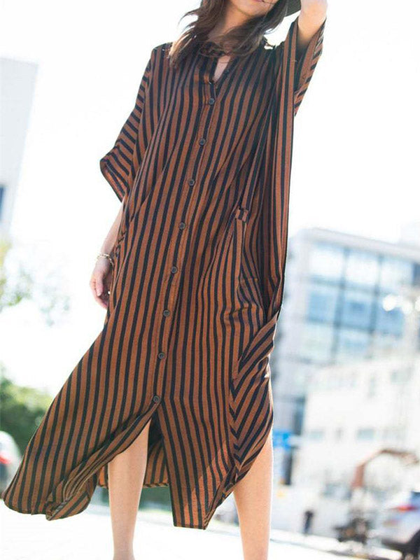 Buttoned Pockets Striped Batwing Sleeves Half Sleeves Round-Neck Maxi Dresses Beach Cover-Up
