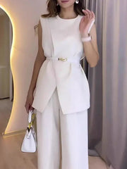 Loose Sleeveless Split-Front Split-Joint Round-Neck Vest Top