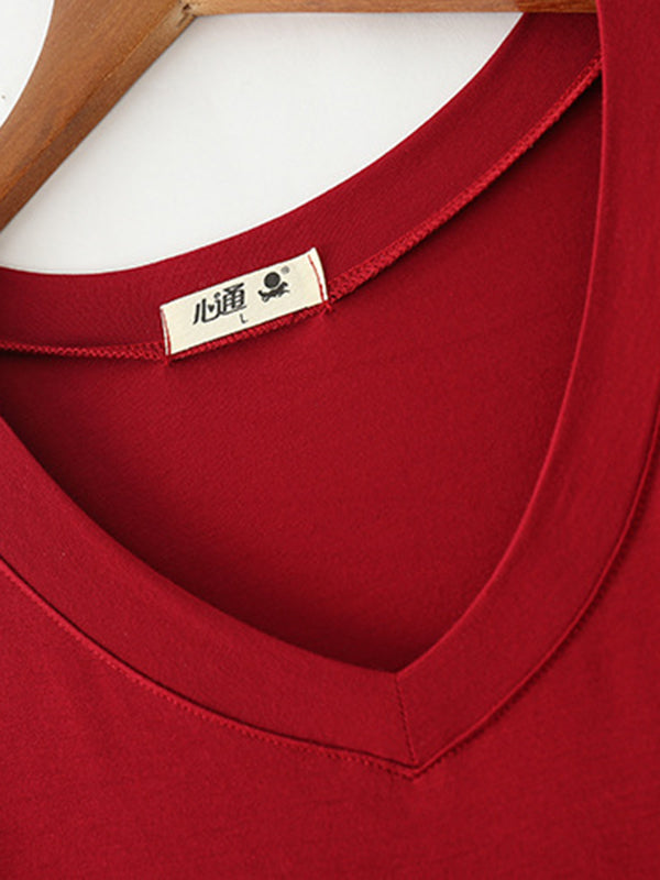 Casual Loose Short Sleeves Split-Side Solid Color V-Neck Midi Dresses