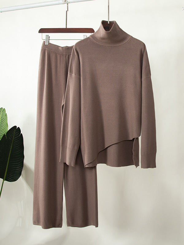 Casual Solid Color Irregularity High-Neck Sweater& Wide Leg Pants Suits