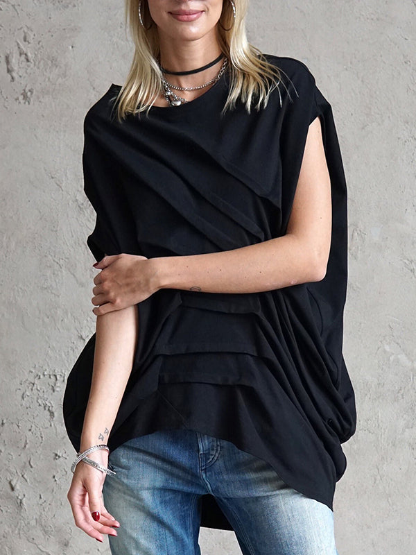 Pleated Solid Color High-low Loose Round-neck T-Shirts Tops