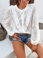 Buttoned Hollow Ruffle Trim Solid Color Split-Joint Long Sleeves Loose Round-Neck Blouses&Shirts Tops