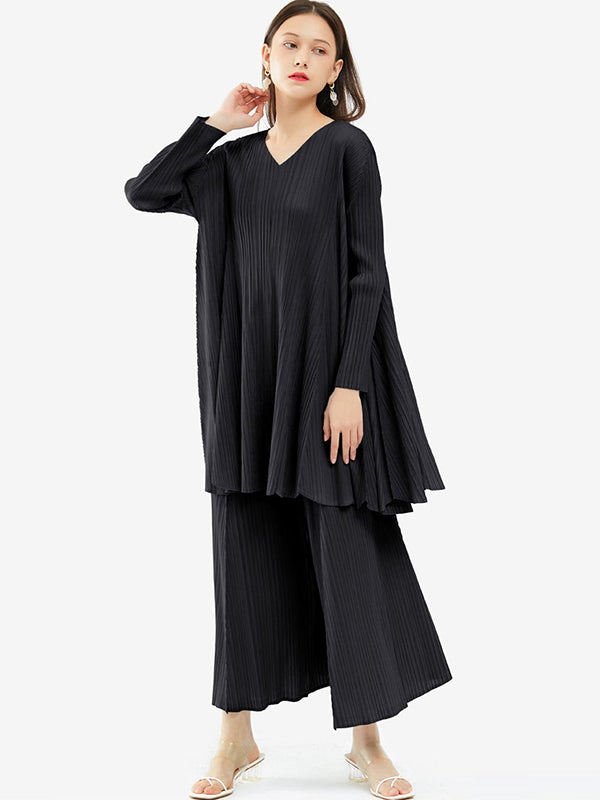 Urban Pleated Solid Color V-Neck Long Sleeves T-Shirt&Flared Pantstwo Pieces Set