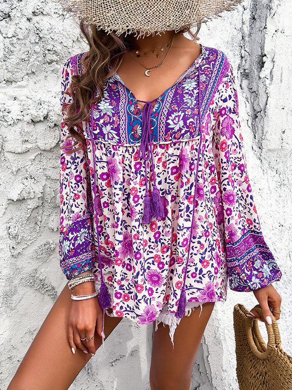 Contrast Color Elasticity Pleated Split-Joint Tied Long Sleeves Loose V-neck Blouses&shirts Tops
