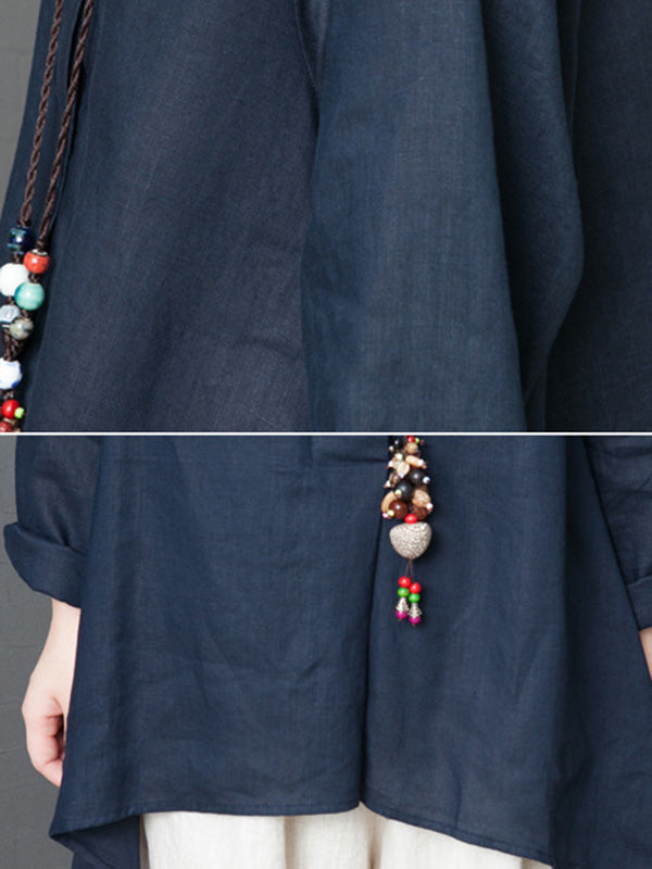 Linen Solid Color Round-Neck Puff Sleeve Blouse Tops