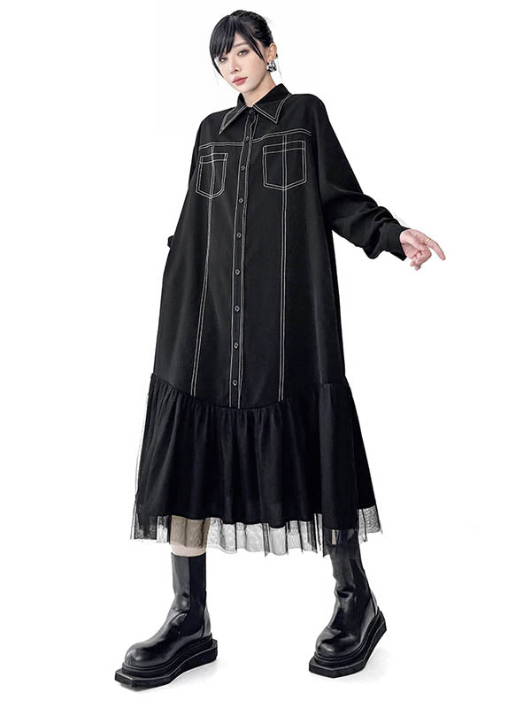 Asymmetric Buttoned Line Solid Color Split-Joint Irregularity Long Sleeves Lapel Shirt Dress Midi Dresses