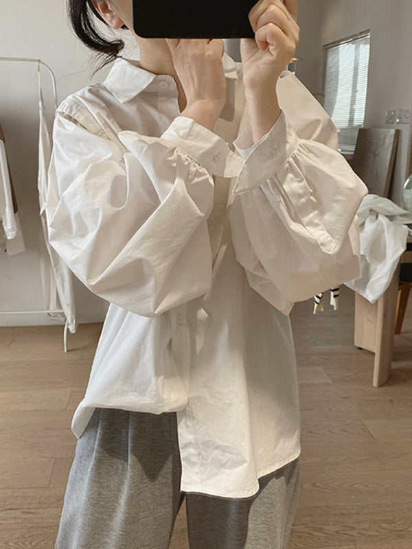 Solid Color Loose Puff Sleeves Lapel Blouses
