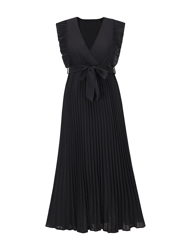 Floral Pleated Solid Color Split-Joint Tied Waist Loose Sleeveless V-Neck Maxi Dresses