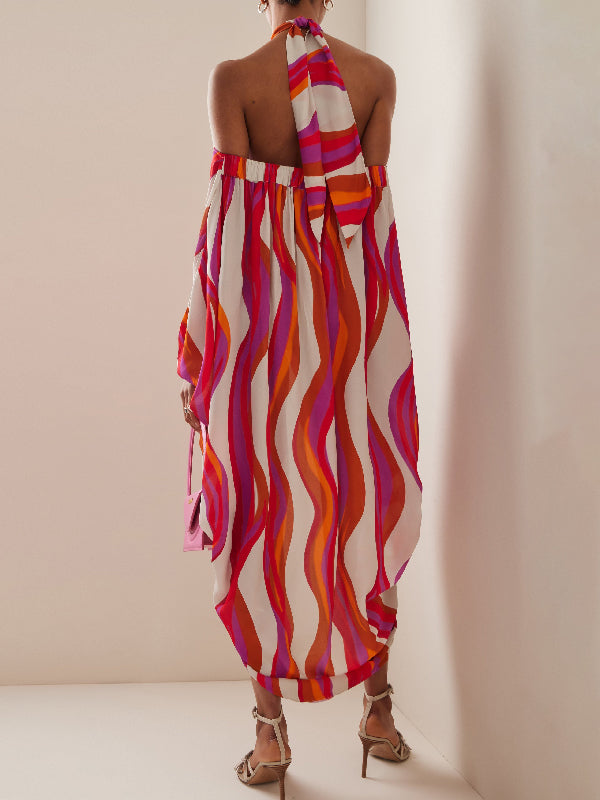 Irregular Clipping Printed Split-Front Halter-Neck Maxi Dresses