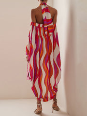 Irregular Clipping Printed Split-Front Halter-Neck Maxi Dresses