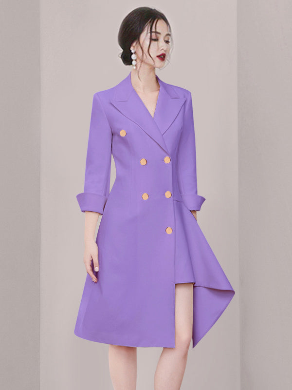 Asymmetric Buttoned Double-Breasted Solid Color Split-Joint Irregularity Long Sleeves Peaked Collar Mini Dresses Blazer