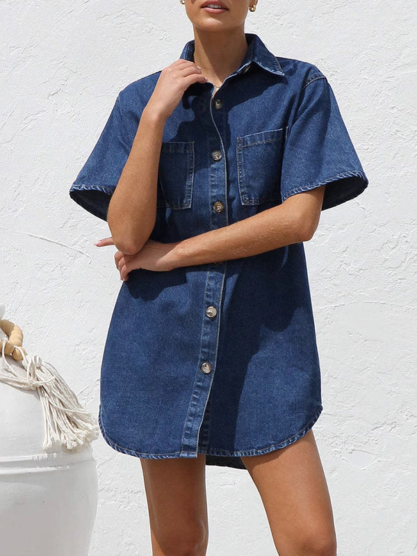 Split-Joint Loose Short Sleeves Lapel Shirt Dress Mini Dresses