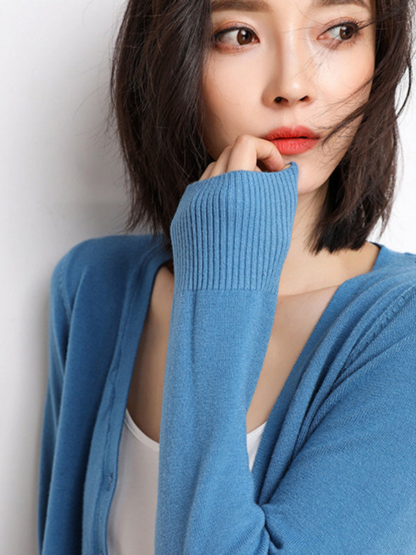 Stylish Simple 12 Colors V-Neck Single-Breasted Long Sleeve Knitwear