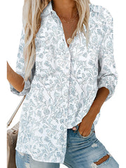 Buttoned Flower Print Pockets High-Low Long Sleeves Lapel Blouses&Shirts Tops
