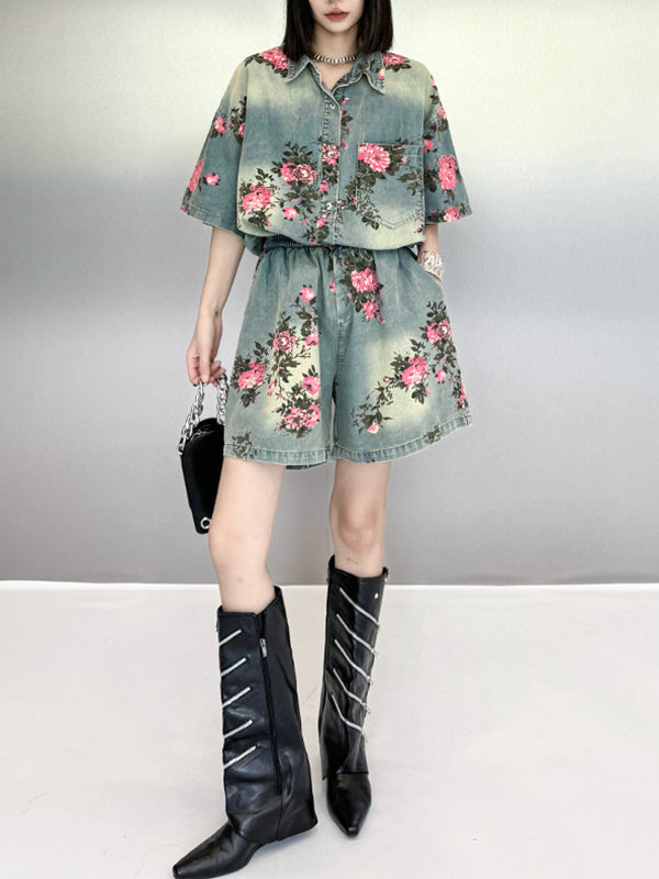 Floral Printed Split-Joint High-Low Loose Lapel Blouses&Shirts Tops