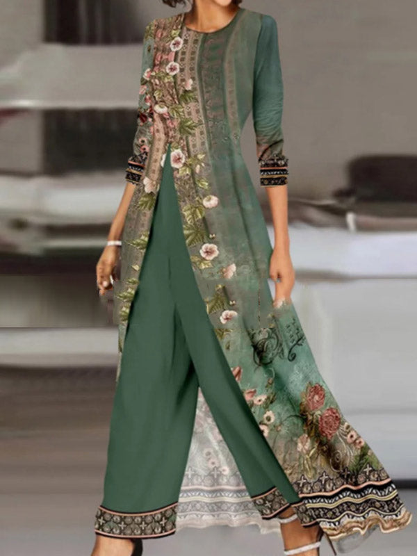 Flower Print Split-Side Long Sleeves Loose Round-Neck T-Shirt Tops&Pants Two Pieces Set