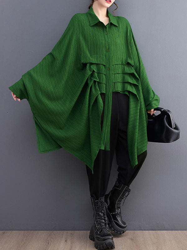 Pleated Solid Color Cropped Long Sleeves Lapel Blouses&shirts Tops