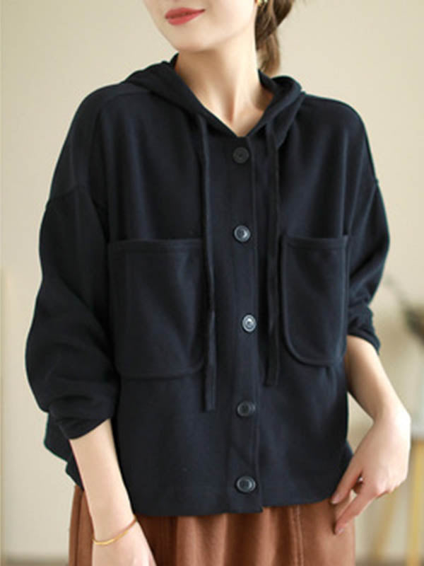 Buttoned Drawstring Pockets Solid Color Hooded Long Sleeves Outerwear