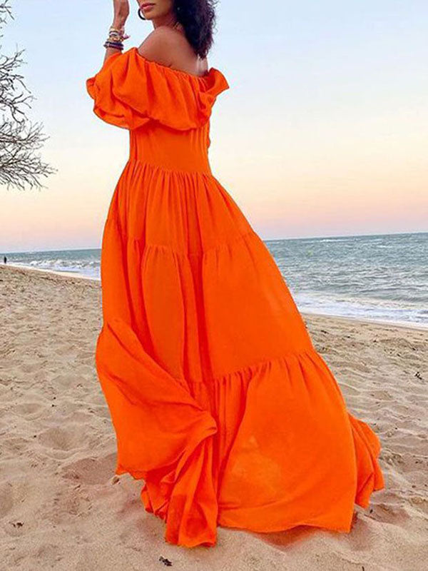 Loose Puff Sleeves Pleated Solid Color Off-The-Shoulder Maxi Dresses