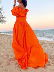 Loose Puff Sleeves Pleated Solid Color Off-The-Shoulder Maxi Dresses