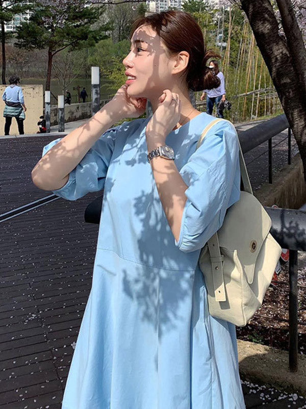 Casual Round-Neck Bishop Sleeve Loose Solid Color Midi Dress