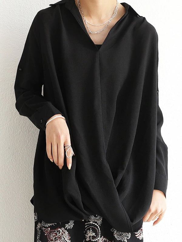 Loose Ramie Cotton Asymmetric Solid Color Blouse Top