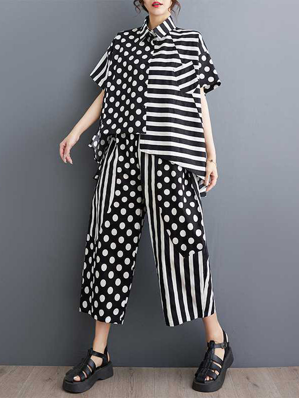 High-Low Asymmetric Half Sleeves Contrast Color Polka-Dot Split-Side Striped Lapel Blouses Top + Pants Bottom Two Pieces Set
