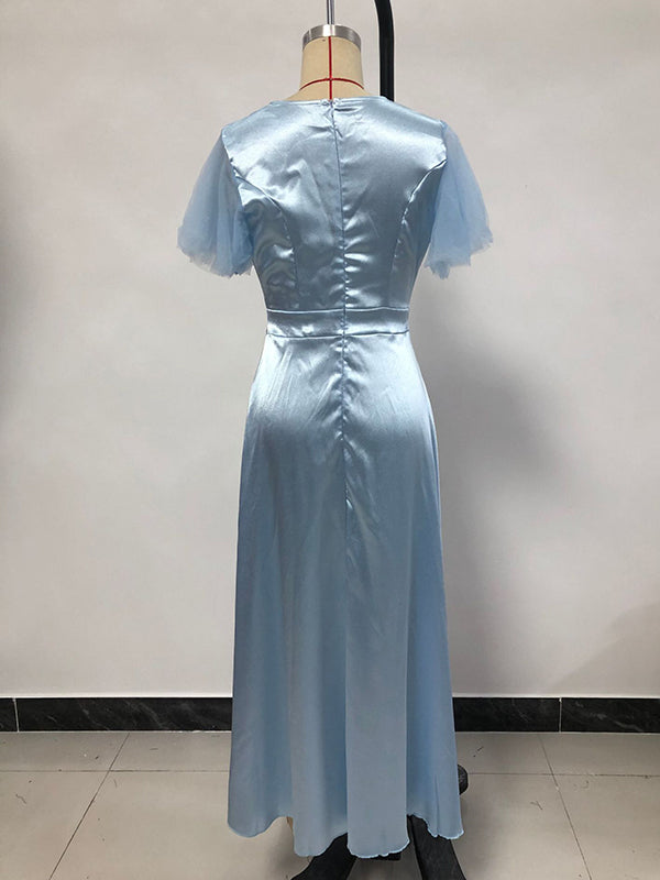 Gauze Solid Color Split-Joint A-Line High Waisted V-Neck Maxi Dresses