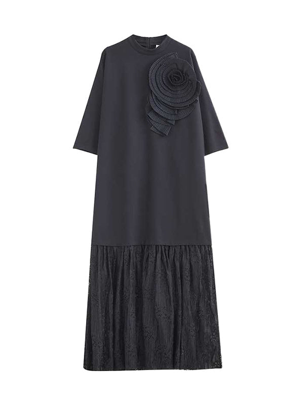 Solid Color Split-Joint Three-Dimensional Flower Long Sleeves Loose Mock Neck Maxi Dresses