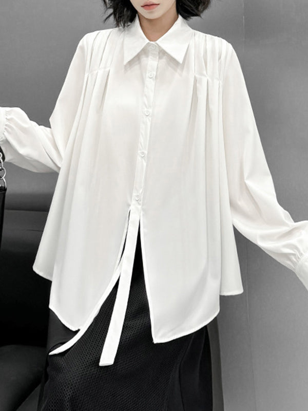 Buttoned Solid Color Split-Joint Streamer Irregularity Long Sleeves Lapel Collar Blouses&Shirts Tops