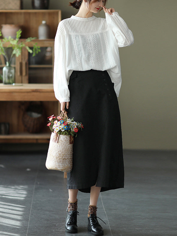 Artistic Retro Loose Solid Color Lace Hollow Long Sleeves T-Shirt Top