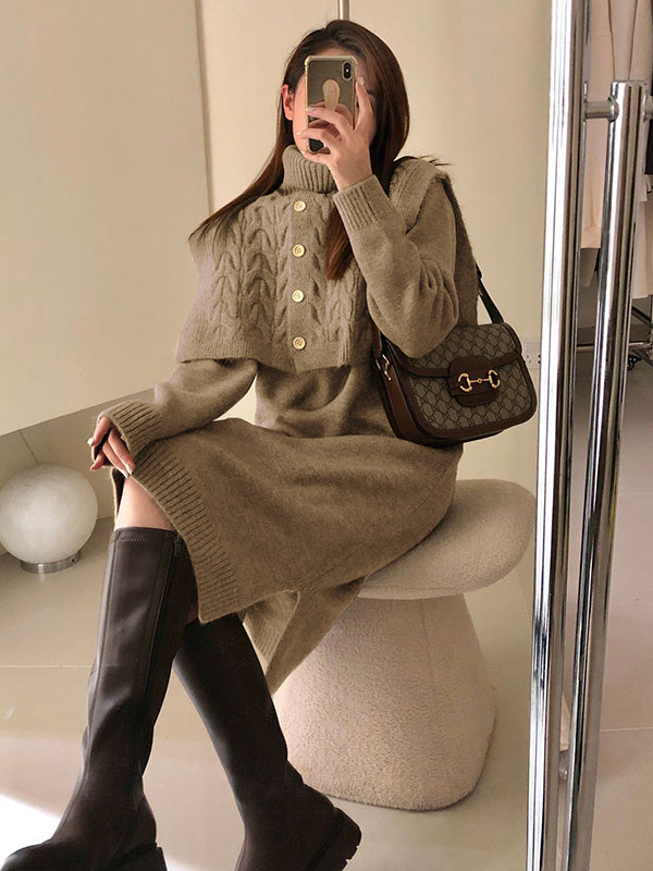 Original Stylish Buttoned Shawl High-Neck Long Sleeves Sweater Dress