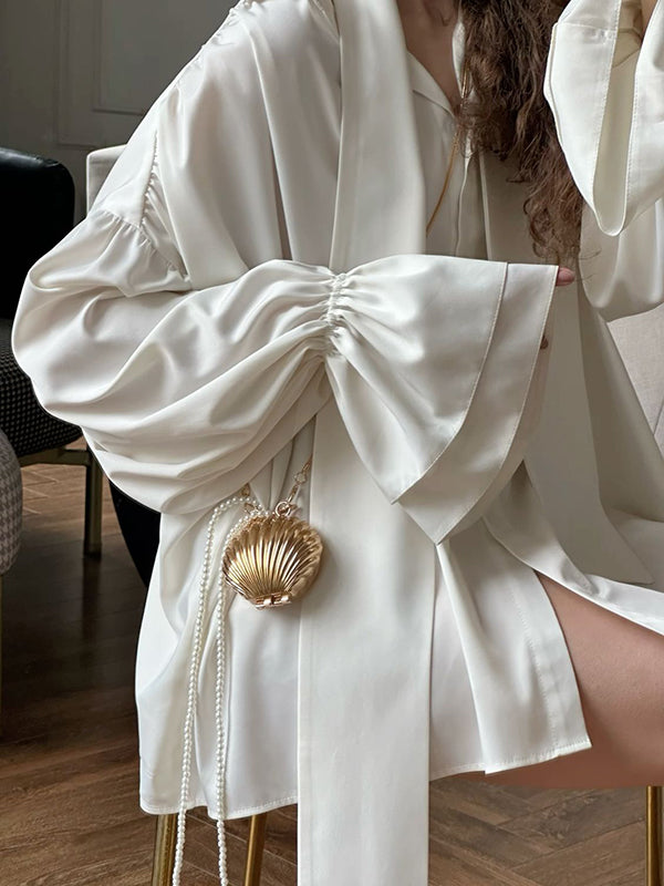 Double Layered Elasticity Solid Color Tied Flared Sleeves Long Sleeves V-Neck Blouses&Shirts Tops