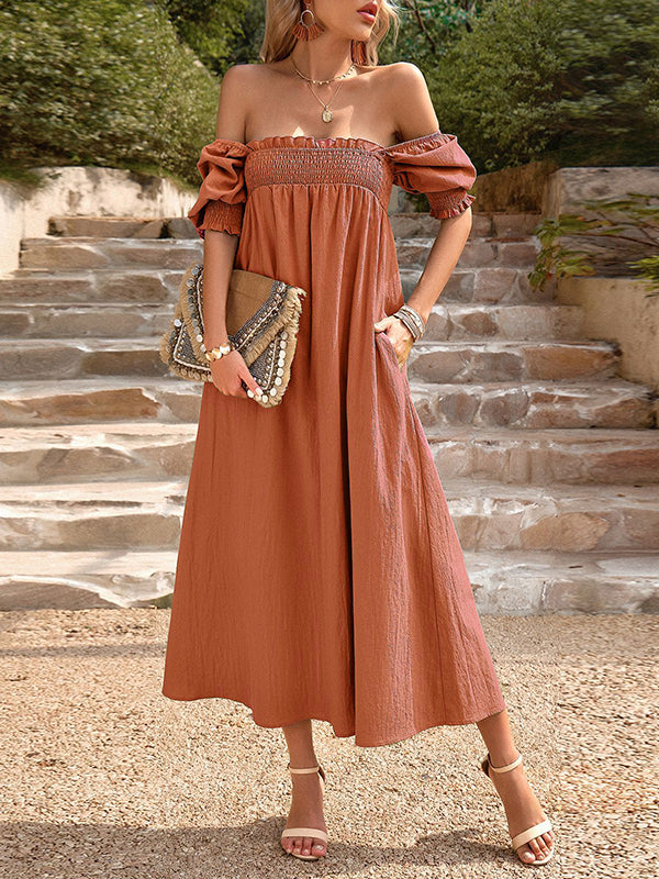 Pleated Solid Color Bishop Sleeve Loose Square-neck Midi Dresses