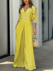 High Waisted Long Sleeves Buttoned Pockets Solid Color V-Neck Jumpsuits